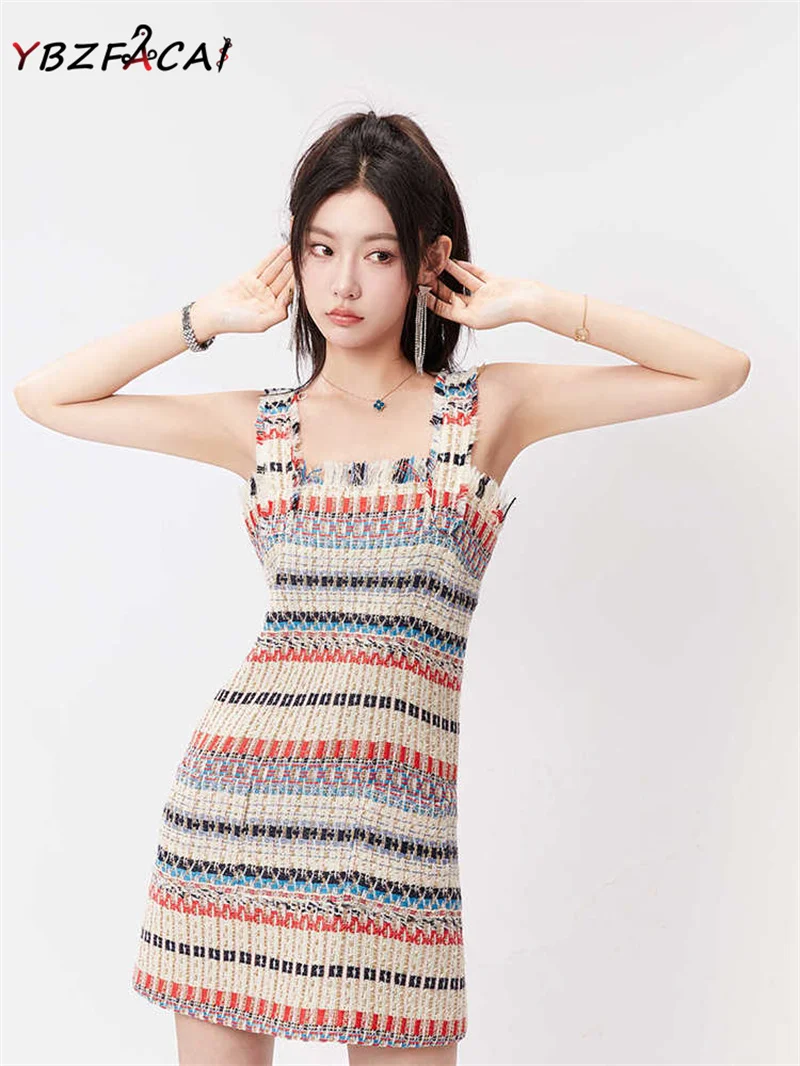 

Senior Small Fragrance Sling Dress Women Design Sense Fashion Tweed Slim Short Dress French Retro Color Knit Striped Dress 2022