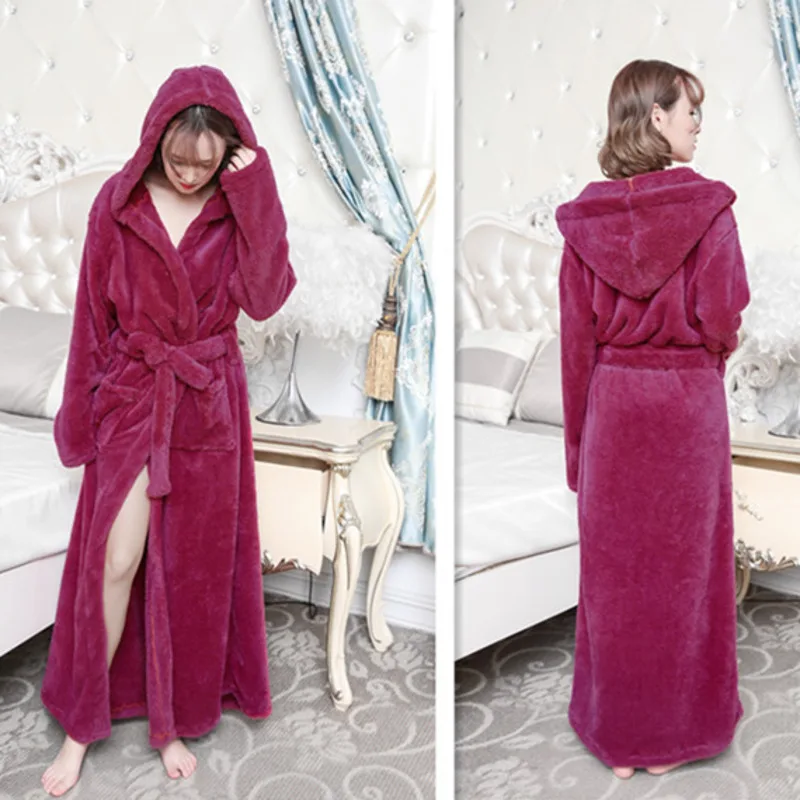 Winter Womens Bathrobe Flannel Fleece Hood Warm Thicken Robe Gowns Couples Thermal Homewear Robes Sleepwear Night Dressing Gown