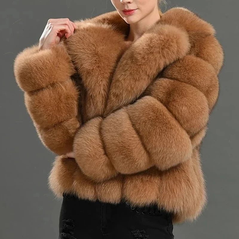 Autumn Winter Mink Fur Coat Women Luxury Faux Fox Fur Coat Thick Warm Lapel Long Sleeve White Black Khaki Fluffy Fur Jacket