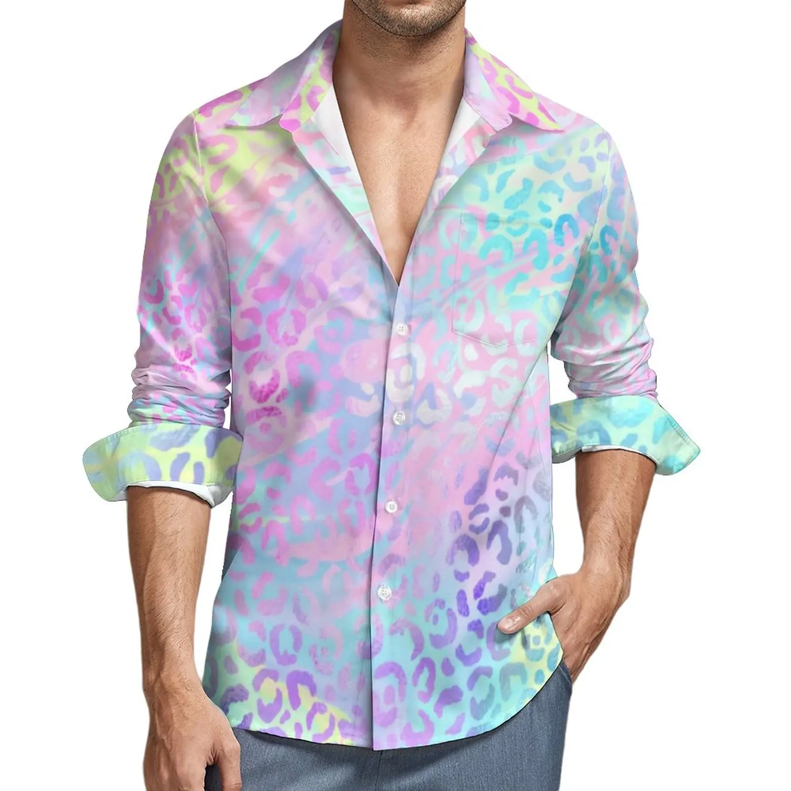 

Abstract Leopard Shirt Male Rainbow Print Casual Shirts Autumn Funny Graphic Blouses Long Sleeve Novelty Oversize Clothes Gift
