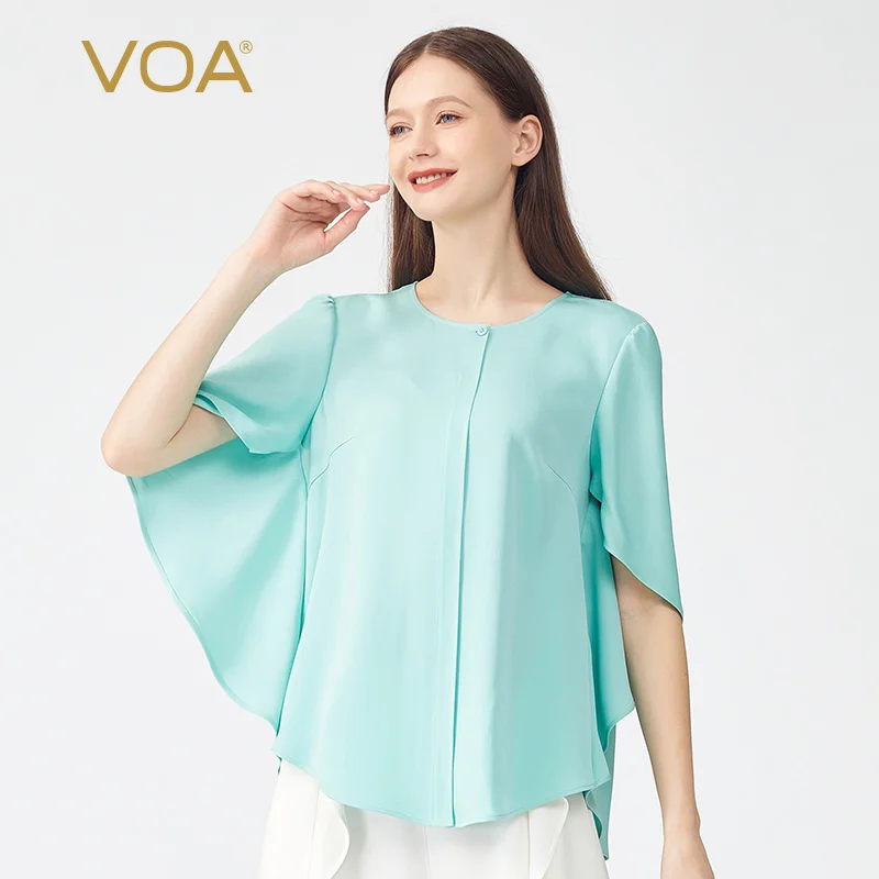 

VOA Elegant Batwing Sleeve O-Neck Silk Solid Woman Tshirts New Three-dimensional Decoration High Street Fashion Loose Tops BE862
