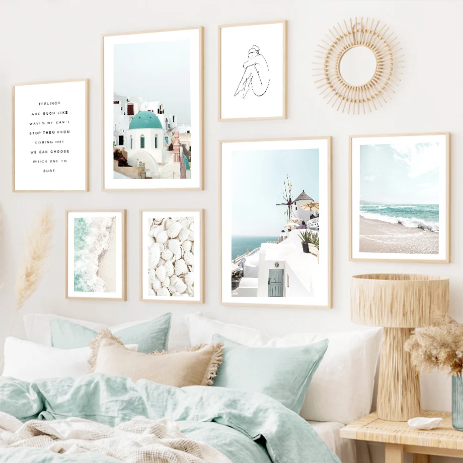 Санторини Греция пляж ракушки абстрактная девушка линии стены Искусство Холст