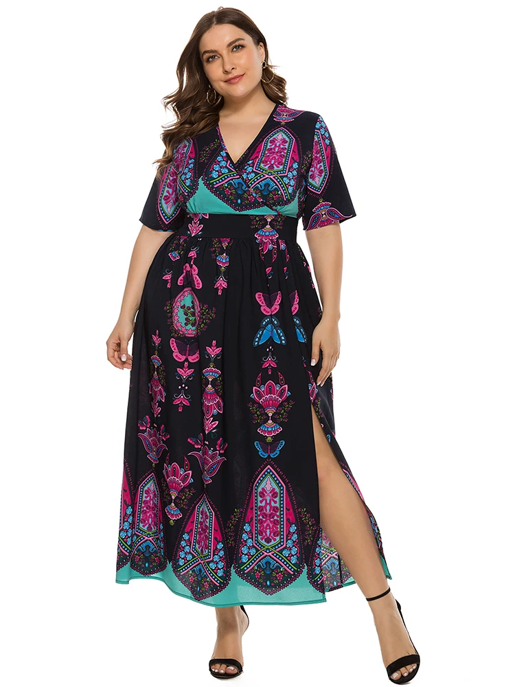 

2022 Summer Womens Clothing Plus Size short sleeve Printed Floral sexy v neck dress Fashion Ladies Elegant Beach Dresses 4XL 5XL