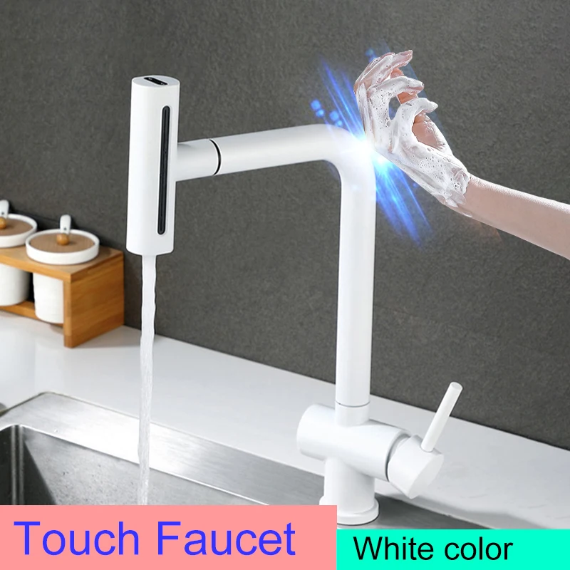 

Смесители для кухонной мойки Touch on Waterfall с выдвижным смесителем для кухонной мойки с белым датчиком, сенсорный смеситель для кухонной мойки