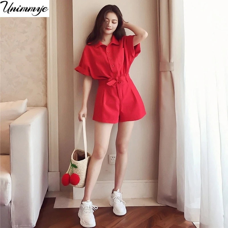 

2022 Summer Short-sleeved Lapel Jumpsuits Office Lady Jumpsuits Women High Quality Fashion Single Breasted Overalls Romper X77