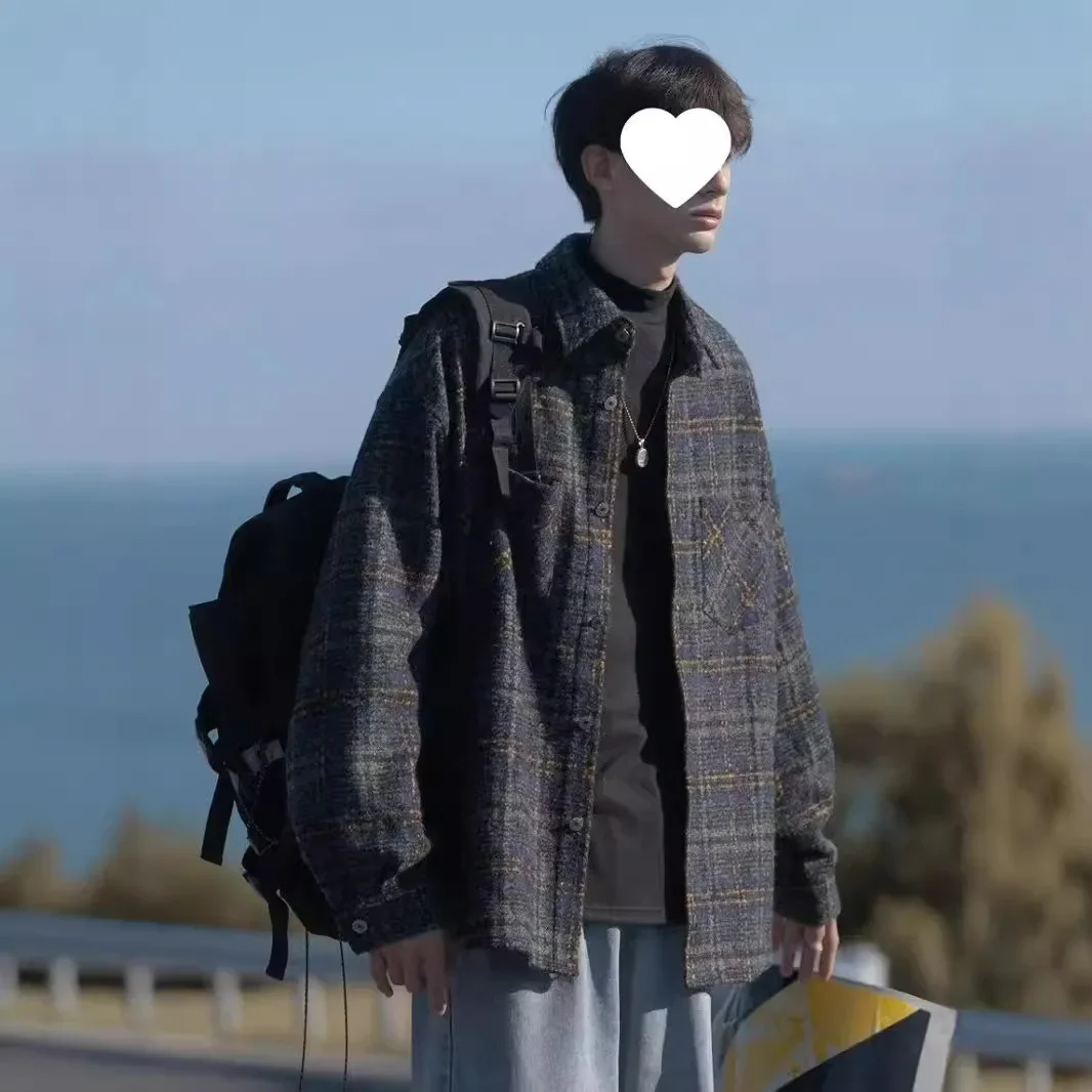 Осень/зима 2023 новая мужская клетчатая шерстяная куртка-рубашка средней длины