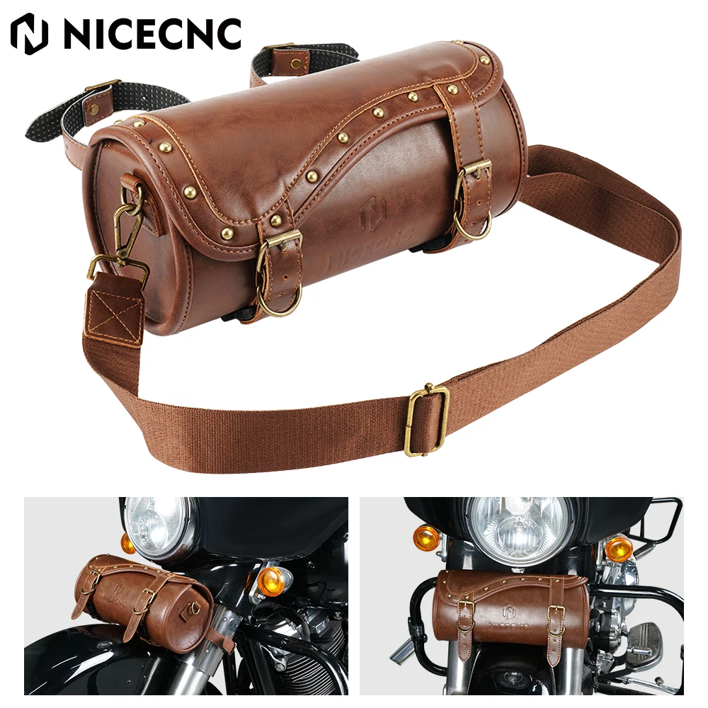 NICECNC Leather Motorcycle Front Fork Bag PU Vintage Crazy Horse Lines Upgraded Handlebar Universal Tool Sissy Bar Saddle Bag