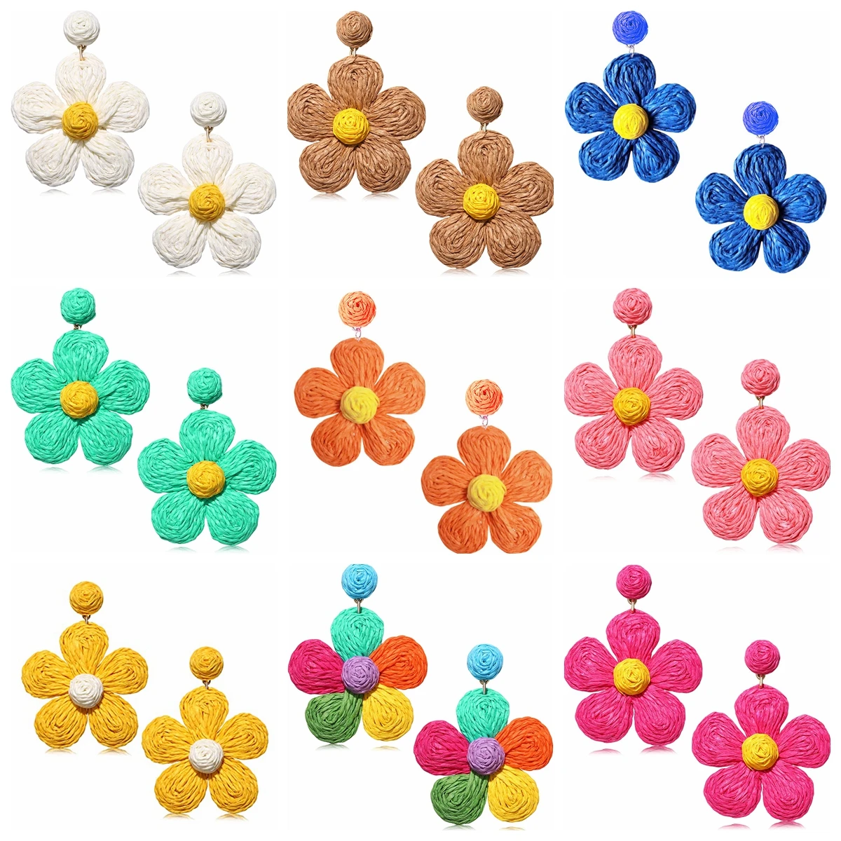 

Women Raffia Flower Stud Earrings Girls Boho Handmade Woven Straw Rattan Drop Geometric Dangle Summer Beach Ear Jewelry