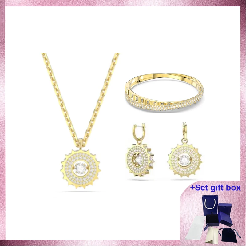 

S Summer New High Quality Gold Color Crystal Gear Necklace Bracelet Earrings Set for Holiday Gifts to Express Love
