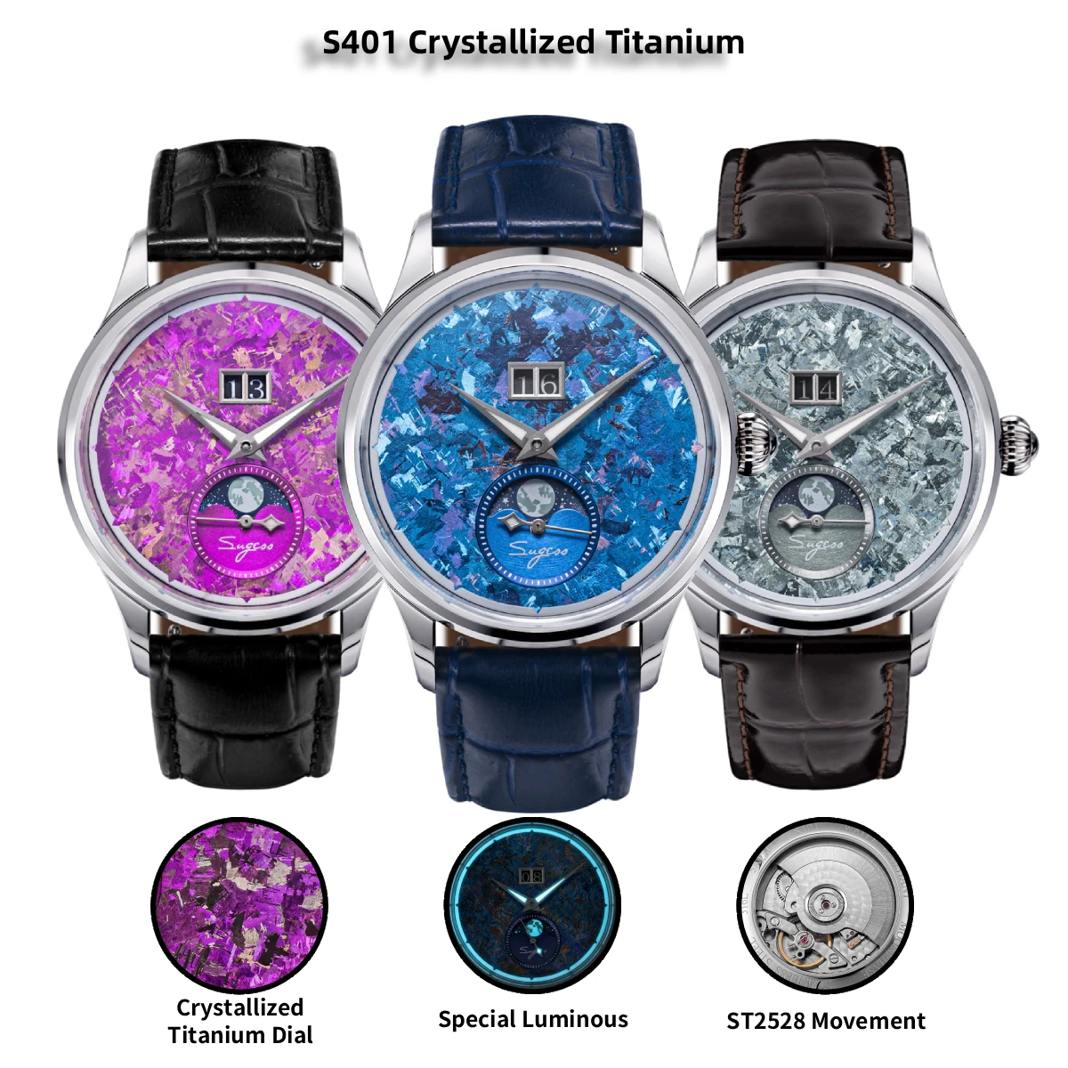 Фото Мужские часы Sugess Moonphase ST2528 с автоматическим механическим механизмом, водонепроницаемые, с сапфировым стеклом, титановым циферблатом S401 №2