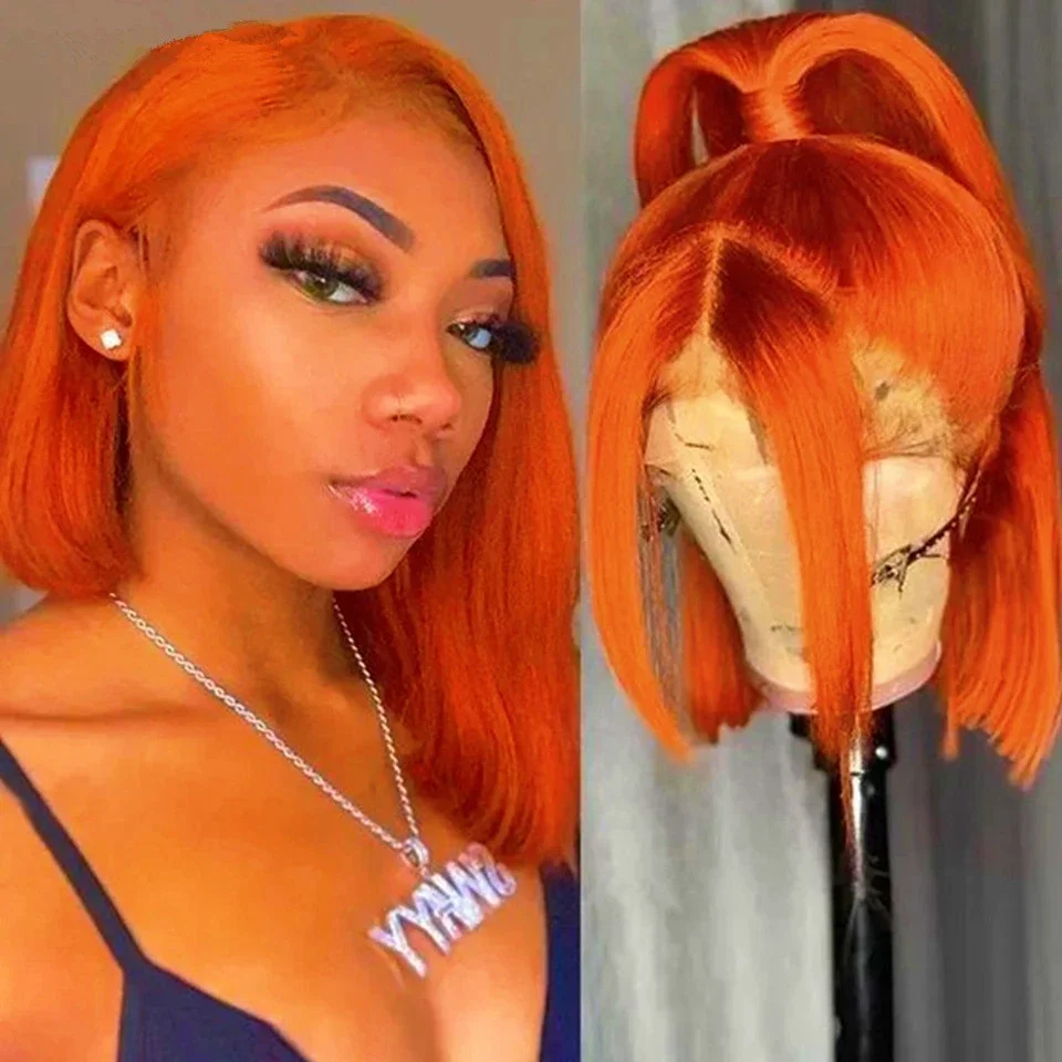 

Orange Ginger Bone Straight Bob Wig HD Transparent Lace Wig Ginger Lace Front Human Hair Wigs For Women Glueless Wigs Human Hair