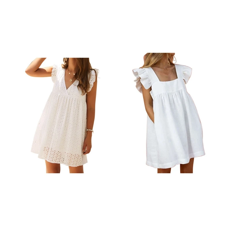 

ASDS-1Pcs V-Neck Butterfly Sleeve Hollow Lace Dress White M & 1Pcs Summer Square Neck Ruffle Butterfly Sleeve Dress White M