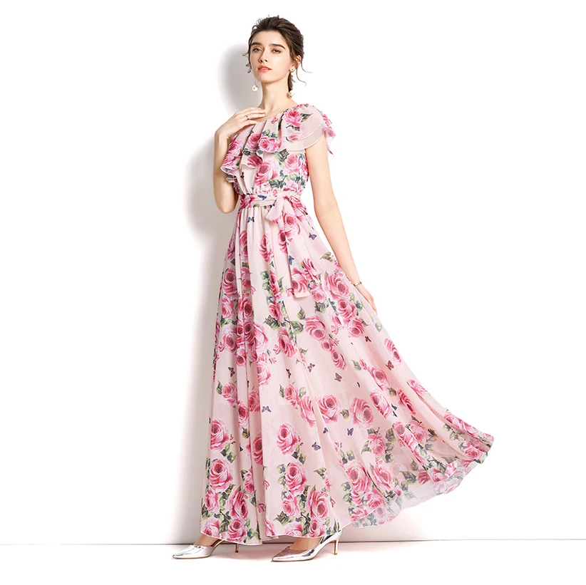 

2022 Summer Chiffon Dresses Seaside Holiday One-Shoulder Ruffled Print Long Dress Beach Style Layers Sashes Floral Dresses Woman