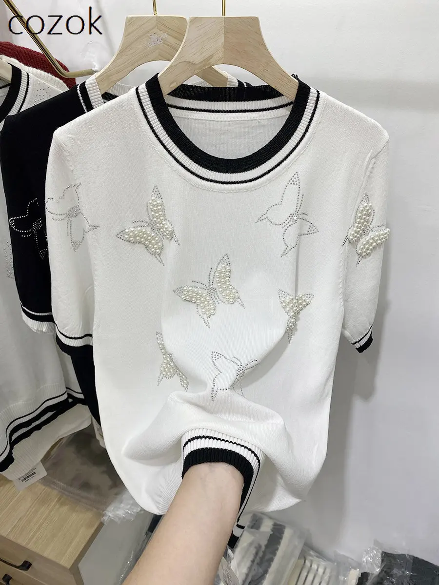 

2023 Summer New Beaded Rhinestone Ice Silk Sweater Women's Short Sleeve Design Half Sleeve Tops Temperament Women Cardigan