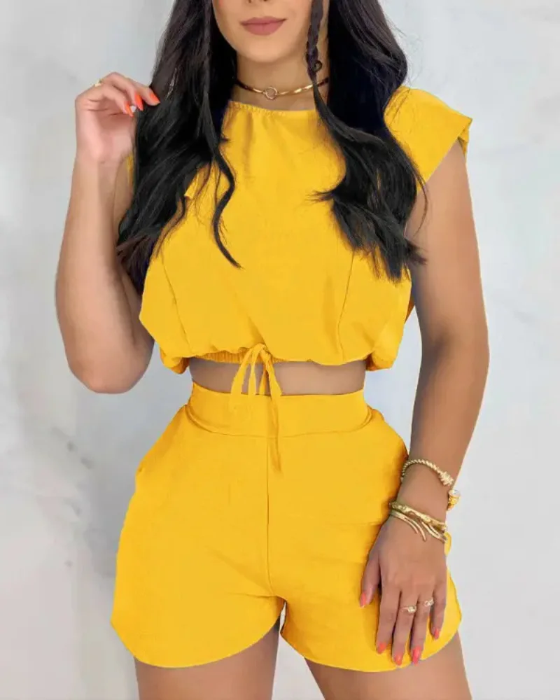 2023 Summer Fashion Casual Two Piece Set Women Ruffles Sleeve Solid Loose Tshirt Shorts Set Two Piece Suit for Women Outfits