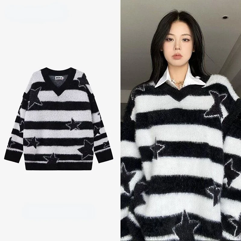 

Женский трикотажный джемпер со звездами, повседневный однотонный джемпер в полоску с длинным рукавом и круглым вырезом, Осень-зима