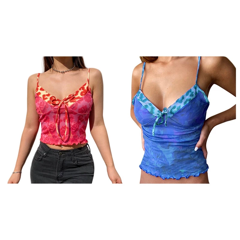 

Кроп-топ женский с леопардовым принтом, милая одежда в стиле пэчворк, пикантная майка без рукавов, с V-образным вырезом, красно-синий, 2 шт.