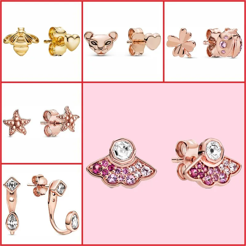 

2022 New Luxury S925 Sterling Silver Pink Fan Bee Ladybug Lion Original Female Pan Earrings Fit Wedding Gifts Charm Jewelry