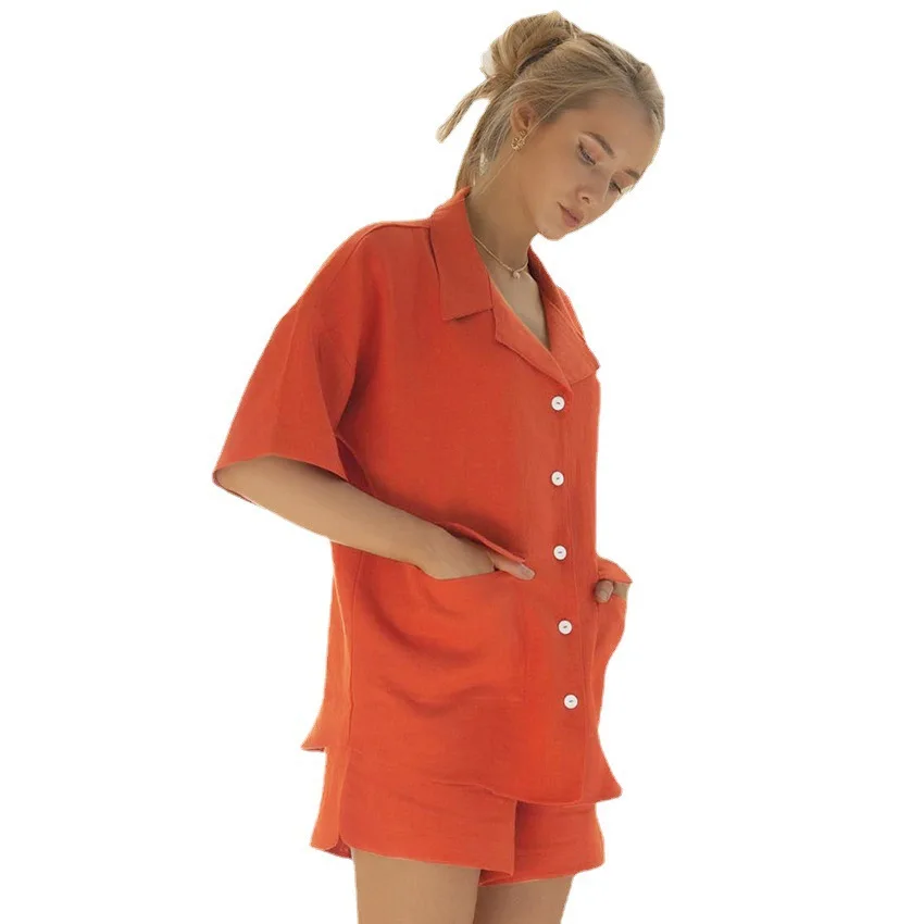 Casual Home Clothes For Women 2 Piece Set Cotton Short Sleeve Turn Down Collar Tops Female Shorts Autumn Nightwear 2022