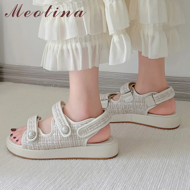 

Meotina Women Genuine Leather Shoes Flat Platform Summer Fashion Sandals Peep Toe Causal Ladies Footwear 2022 Beige Black 33-40