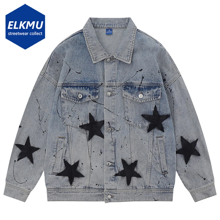 

Men Denim Jacket Hip Hop Retro Graffiti Star Graphic Print Punk Jeans Coat Streetwear Fashion High Street Jean Jacket Black Blue
