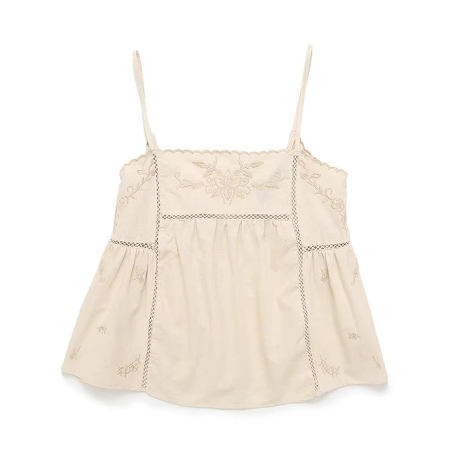 

Maxdutti Embroidery Cotton And Linen Sling Summer Shirt Top For Women French Retro Country Sexy Bohemian Beach