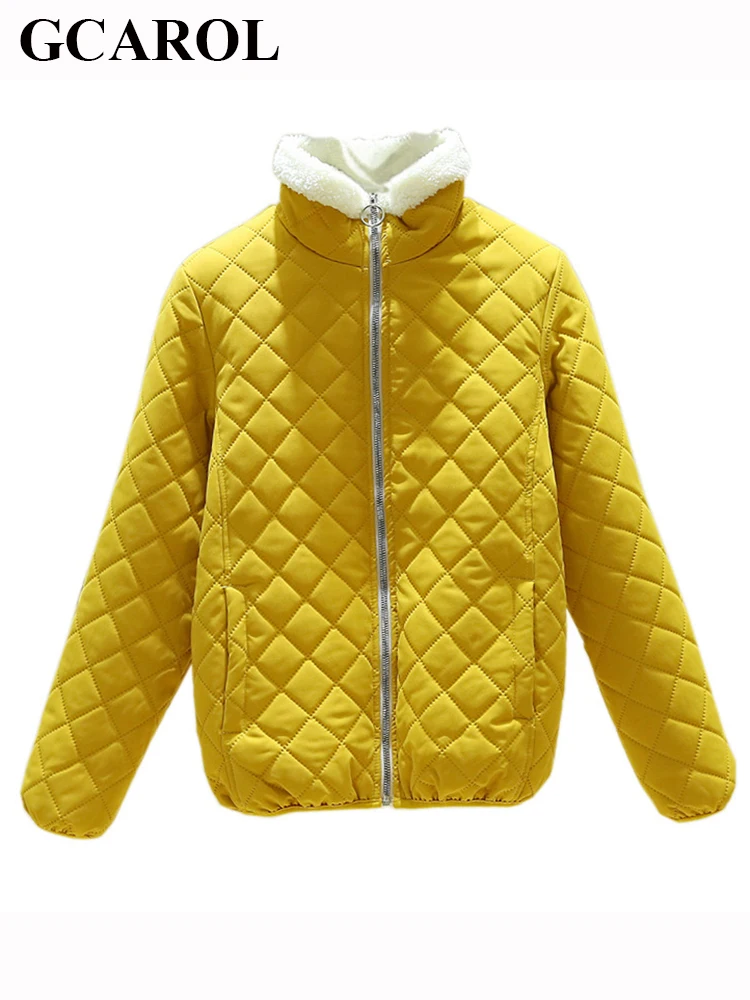 

GCAROL Winter Women Fleece Argyle Jacket Turtleneck Quilted Coat Warm Slim Office Lady Basic Short Design Daily Wear Outwear 3XL