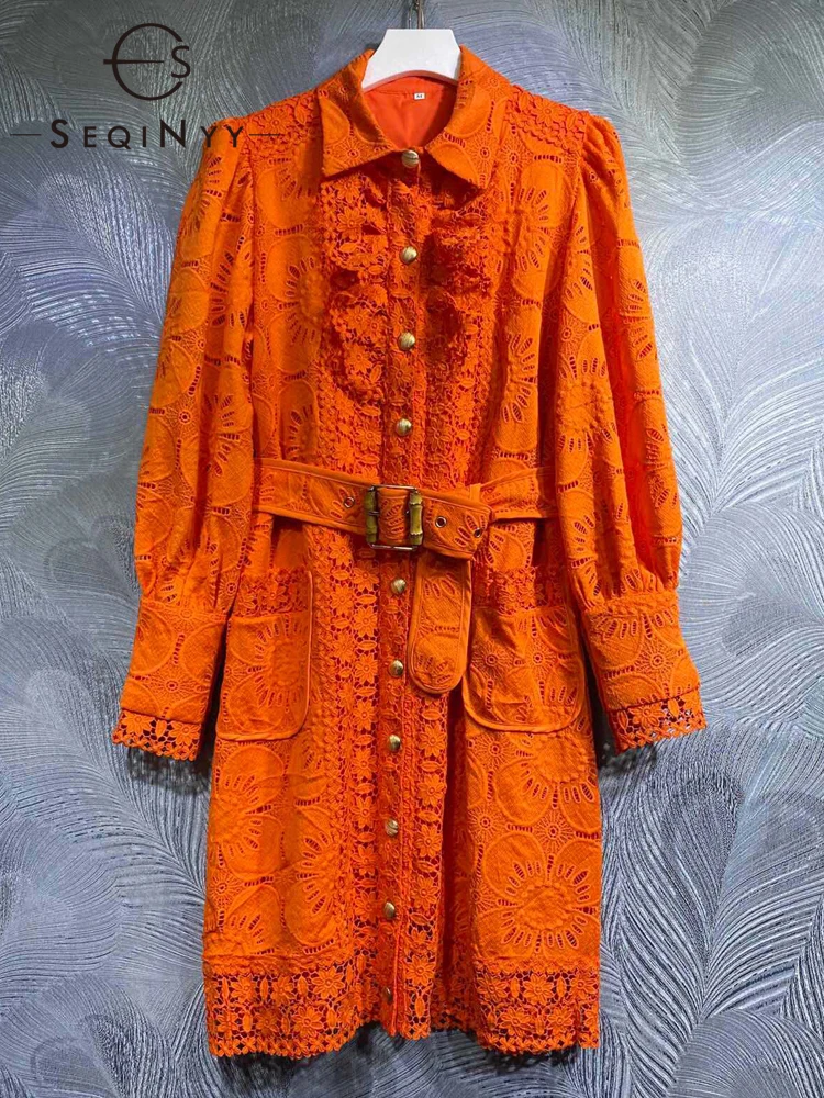 

SEQINYY Elegant Shirt Dress Spring Autumn New Fashion Design Women Runway High Quality Lace Hollow Out Flowers Embroidery