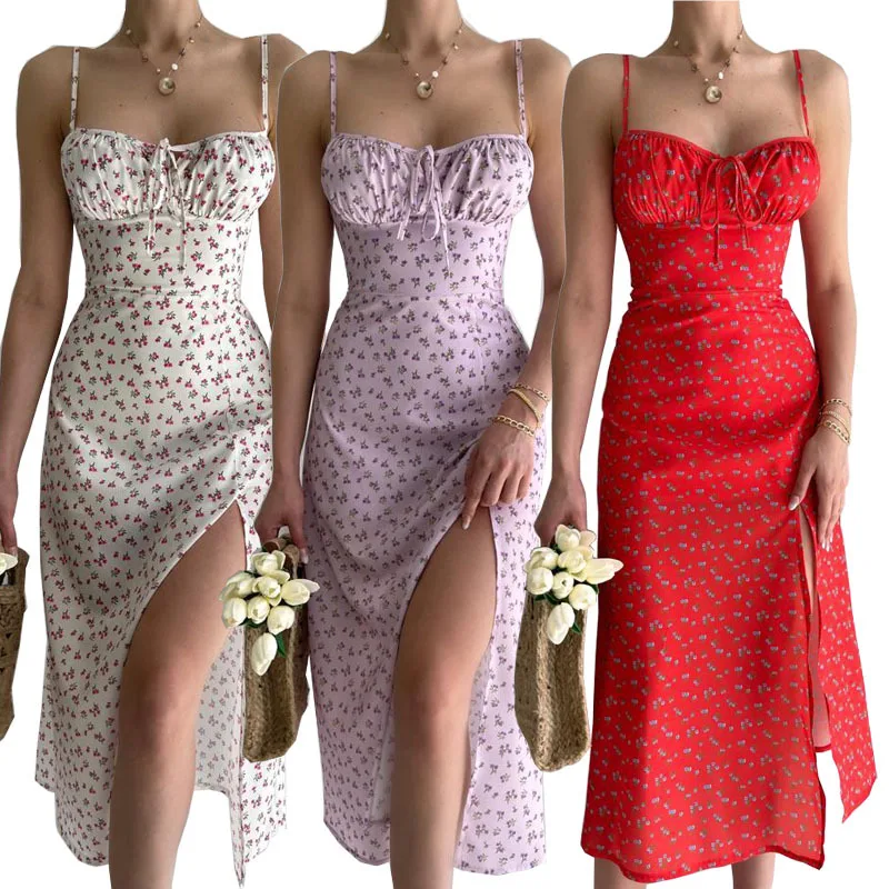 

2022 Independent Station Wish New Summer Fashion Hot Sale Women'S Print Slit Pull Rope Slim Short Sleeve Dress