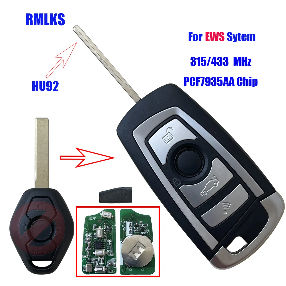 Флип 315 МГц дистанционный ключ-брелок ID44 PCF7935 чип для BMW EWS 433 325 330 318 525 E38 E39 E46 M5 X3 X5 HU92/HU58 Blade 3BTN