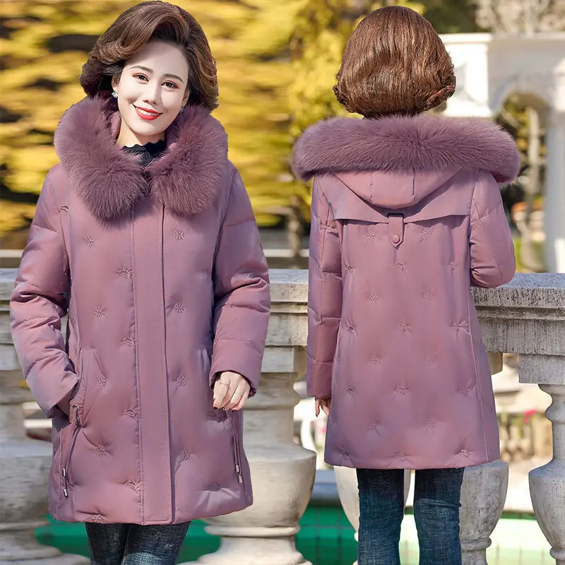 

Winter Middle-aged Women Jacket Hooded White Duck Down Coat Female Fur Collar High Quality Warm Solid Zipper Woman Parkas E585