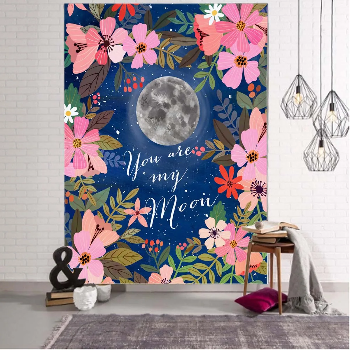 

Moon Phase Tapestry Moonlight Garden Flower Rattan Landscape Tapestry Wall Hanging Home Decoration Living Room Dorm