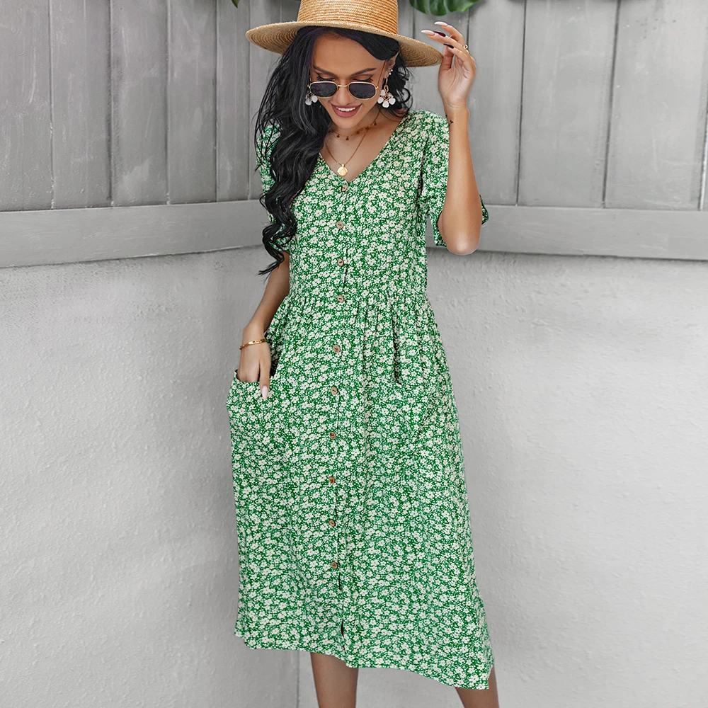 

Chifirena Short Sleeve Floral Print Dress V Neck Pocket Sweet Sundress Vacation Beach Bohe Vestido Summer Dresses for Women 2022