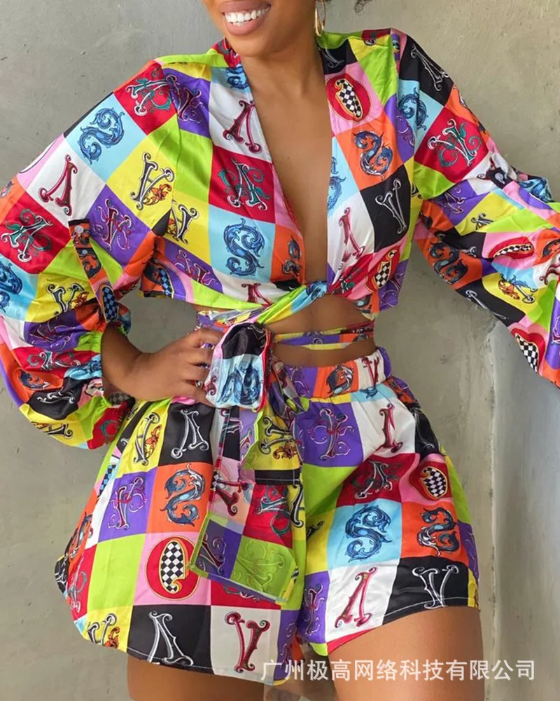 

Women's 2023 New Summer Print Long Sleeve Shorts Set