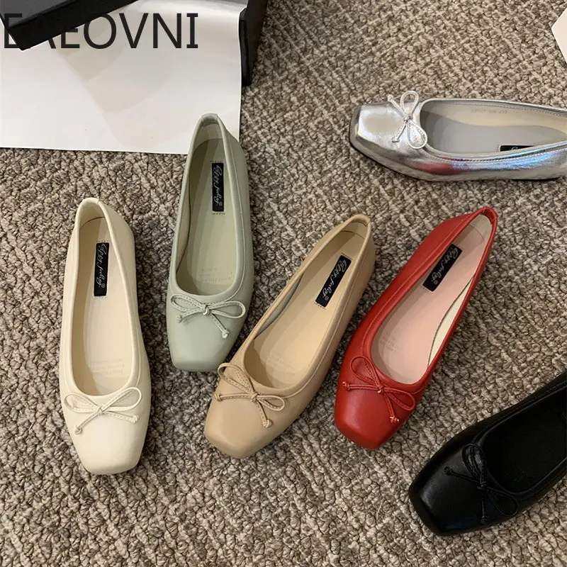 

2023 Spring Bowtie Ballet Shoes Fashion Square Toe Shallow Slip On Women Flat Shoes Ladies Casual Outdoor Ballerina Shoe