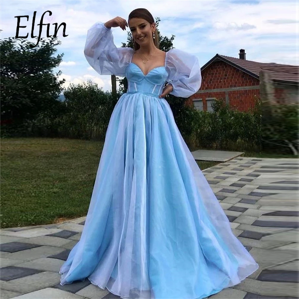 

Elfin Long Mixed Color A-line Evening Dresses Sweetheart Long Puffy Sleeves Simple Formal Party Prom Dress Vestidos De Festa