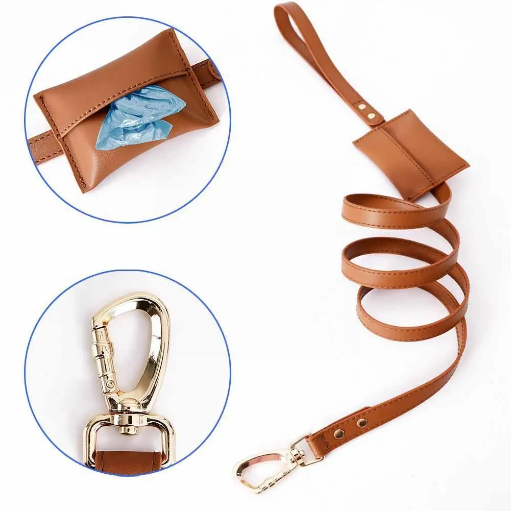 

150cm Leather Dog Leash Traction Rope With Poop Bag Dispenser Pet Walking Training Leads For Small Medium Large Dogs Q6n9