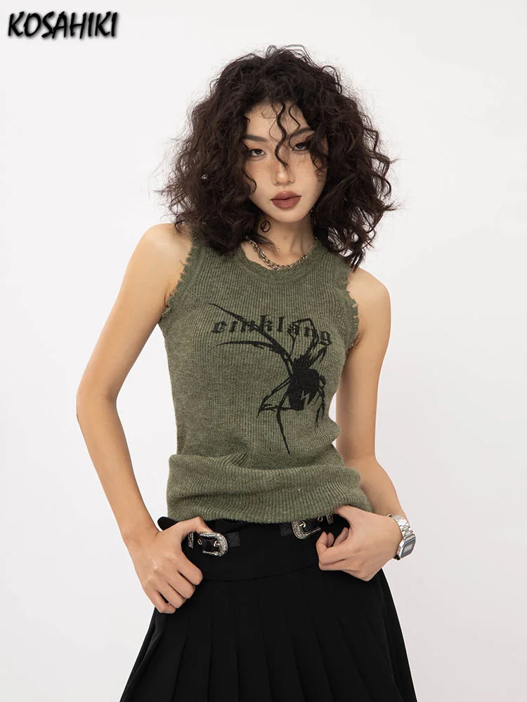 

Y2k эстетичный Трикотажный жилет, женские летние тонкие майки, топ в винтажном стиле Харадзюку С Рисунком паука, волнистая футболка в рубчик, гранж для E-girl