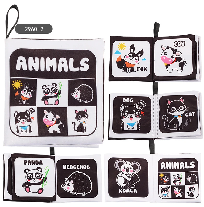 

Тканевые книги для младенцев, черно-белая книга для раннего изучения сенсорных образовательных игрушек с животными в форме фруктов, детски...