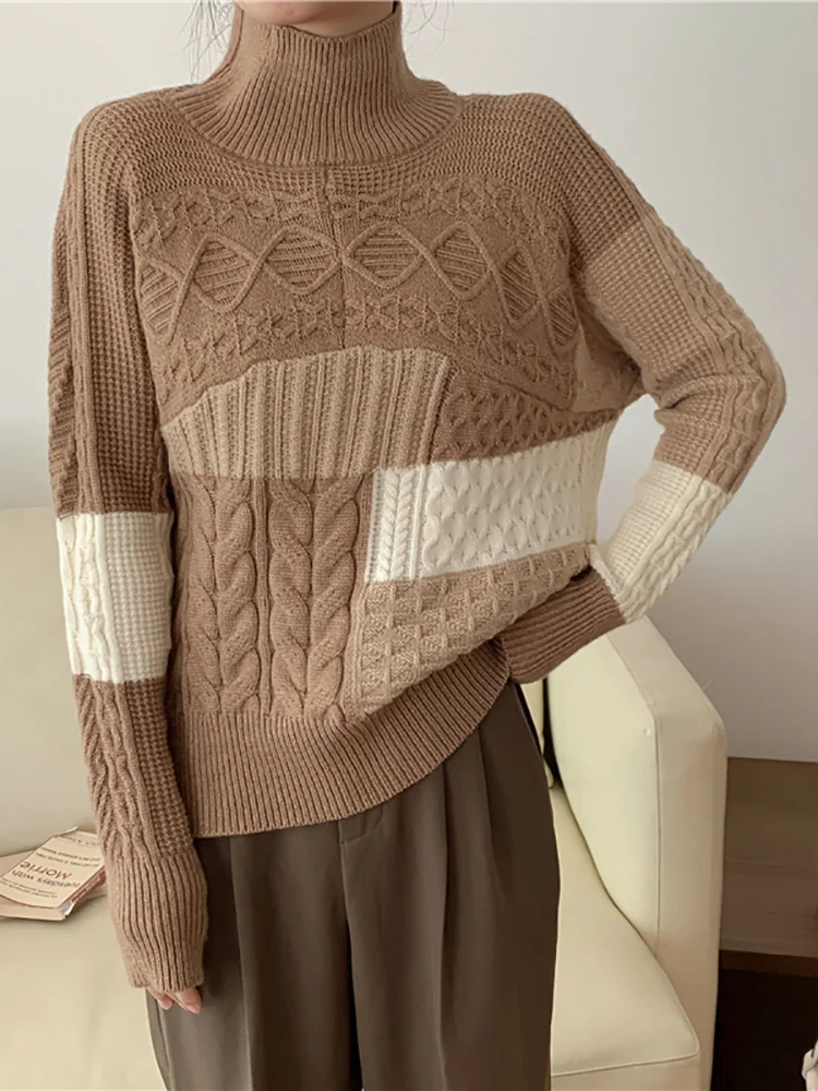 

Hot Sale 2023 Patchwork Color Autumn Winter Women Knitted Turtleneck Wool Sweaters Casual Basic Pullover Jumper Batwing Long Sle