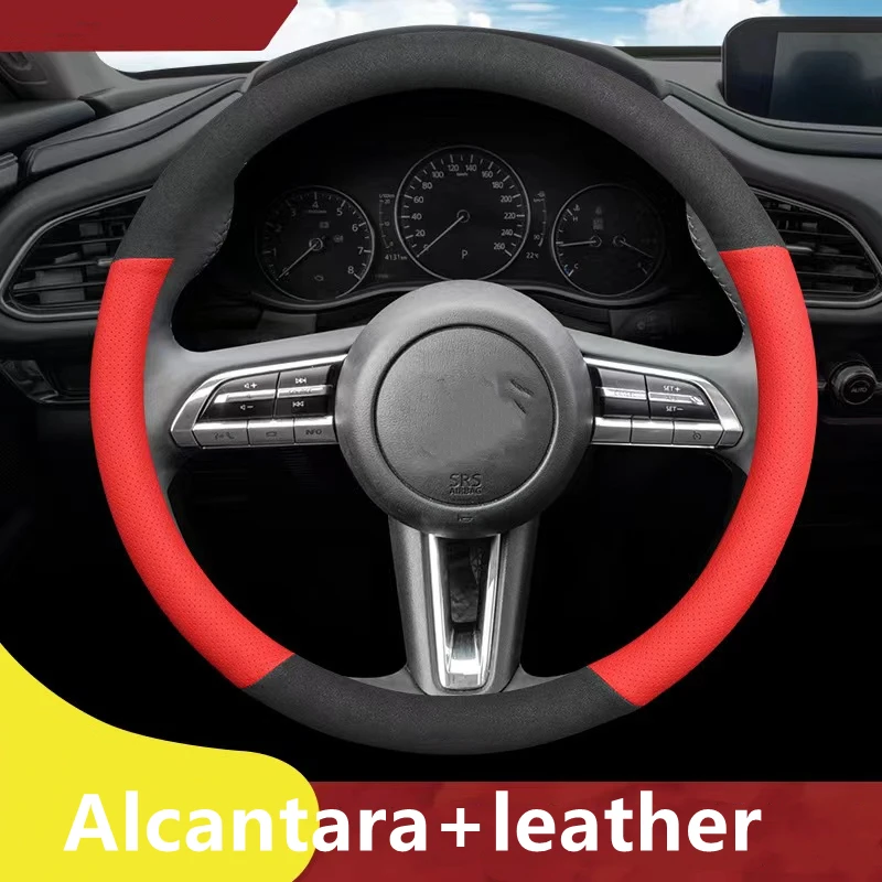 

38CM Black Genuine Leather Suede Hand Sewing Car Steering Wheel Cover For Mazda 3 Axela 2019 2020 CX-30 2020 MX-30 2020