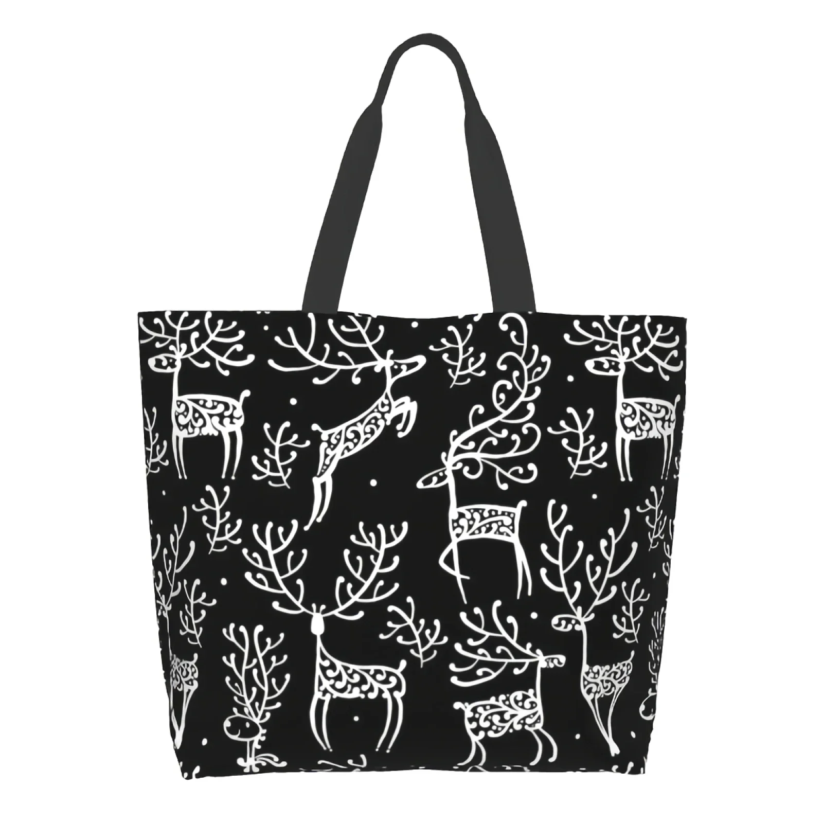 

Black White Forest Deer Canvas Tote Bag for Women Weekend Merry Christmas Kitchen Reusable Grocery Bags Bulk Large Casual