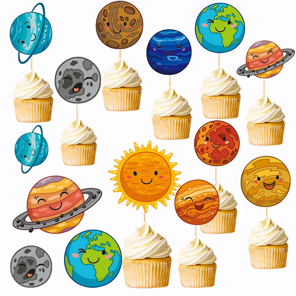 

20 Pcs Outer Space Birthday Party Baby Shower Decoration Cake Cupcake Toppers Solar System Galaxy Universe Planets Picks Themed