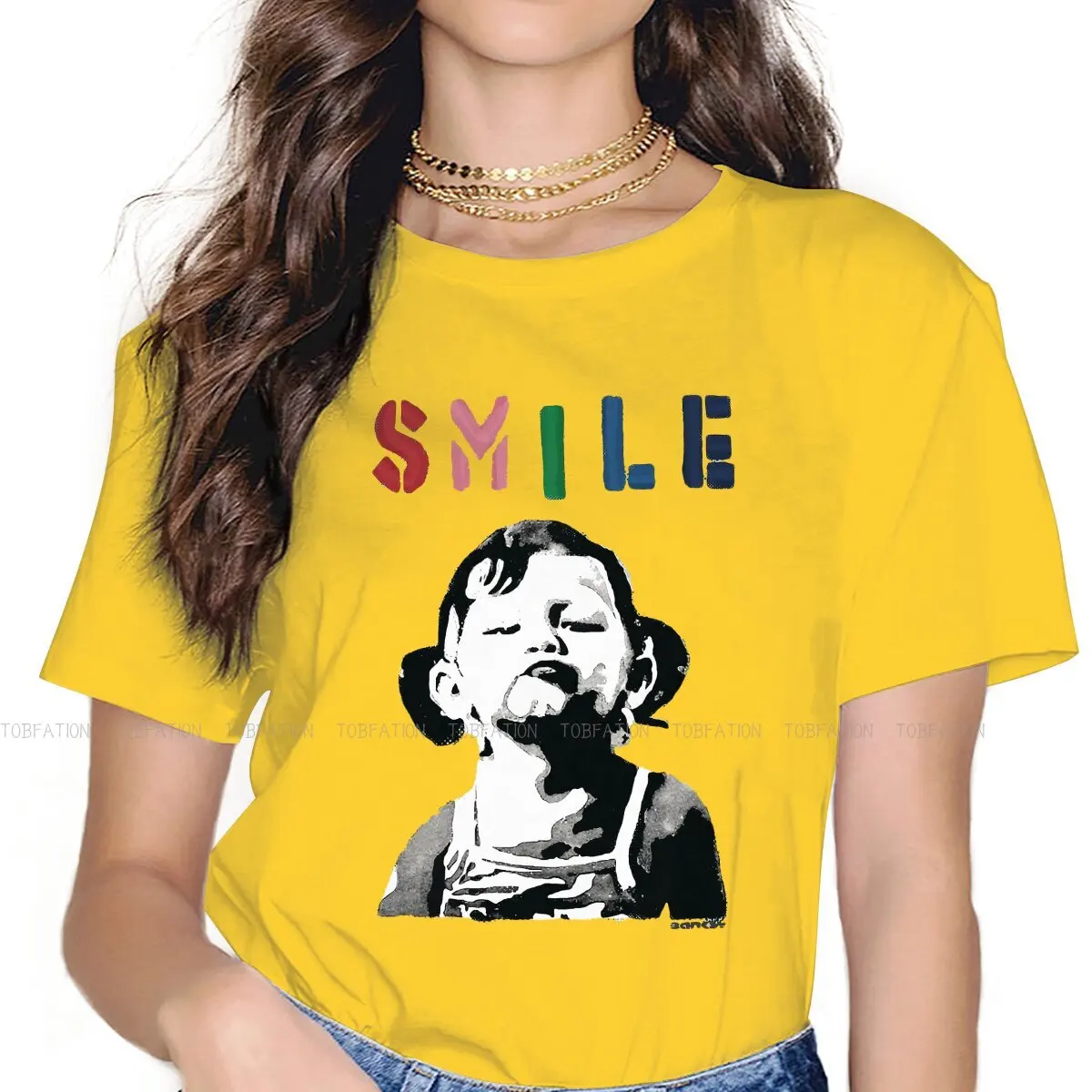 

Banksy Graffiti Street Artist TShirt for Woman Girl Quote SMILE with Girl Not Smiling Girl Power Resistance Humor Tee T Shirt