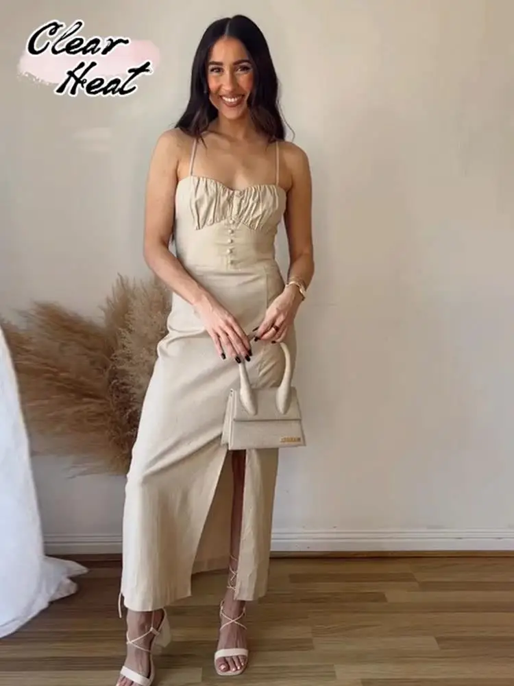 

Платье цвета хаки на бретельках с открытой спиной, без рукавов, с разрезом, длинные платья с завышенной талией, элегантная приталенная Женская юбка, банкетная одежда