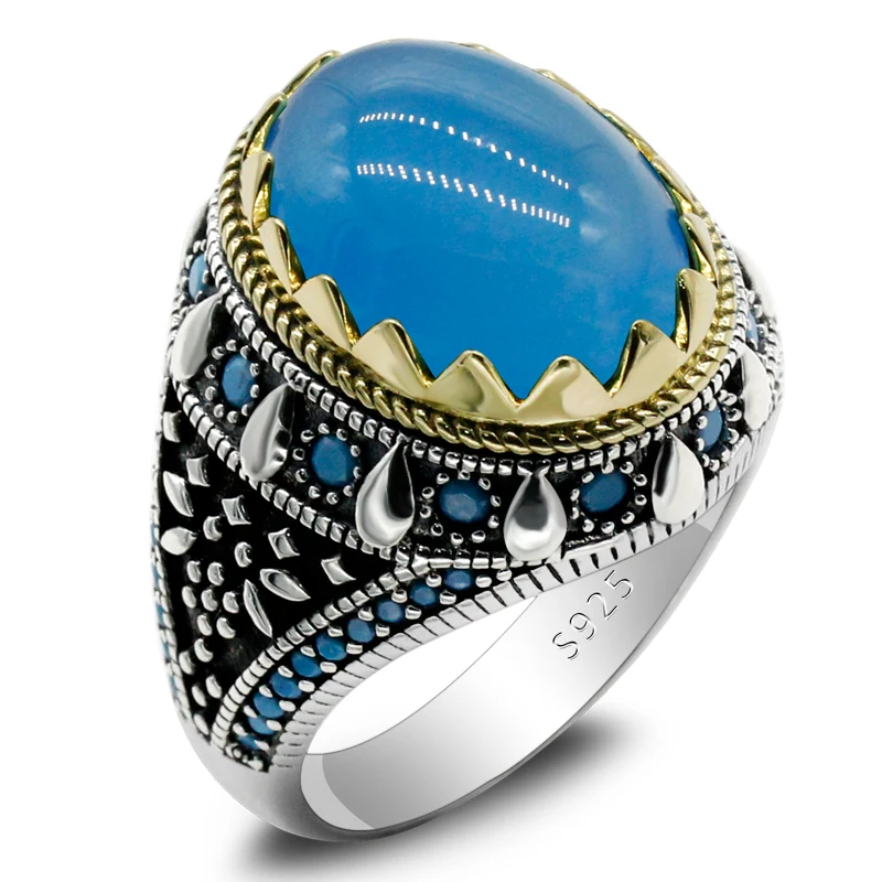 

Turkish Jewelry Men's Rings Blue Natural Onyx Stone 925 Sterling Silver Vintage Turquoise Punk Fashion Men's Women's Rings