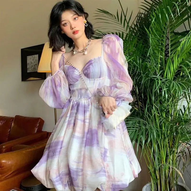 

Purple Floral Dress Women Summer korean French Square Neck Puff Sleeve Tie-dye Temperament Long-sleeved Dress Trend