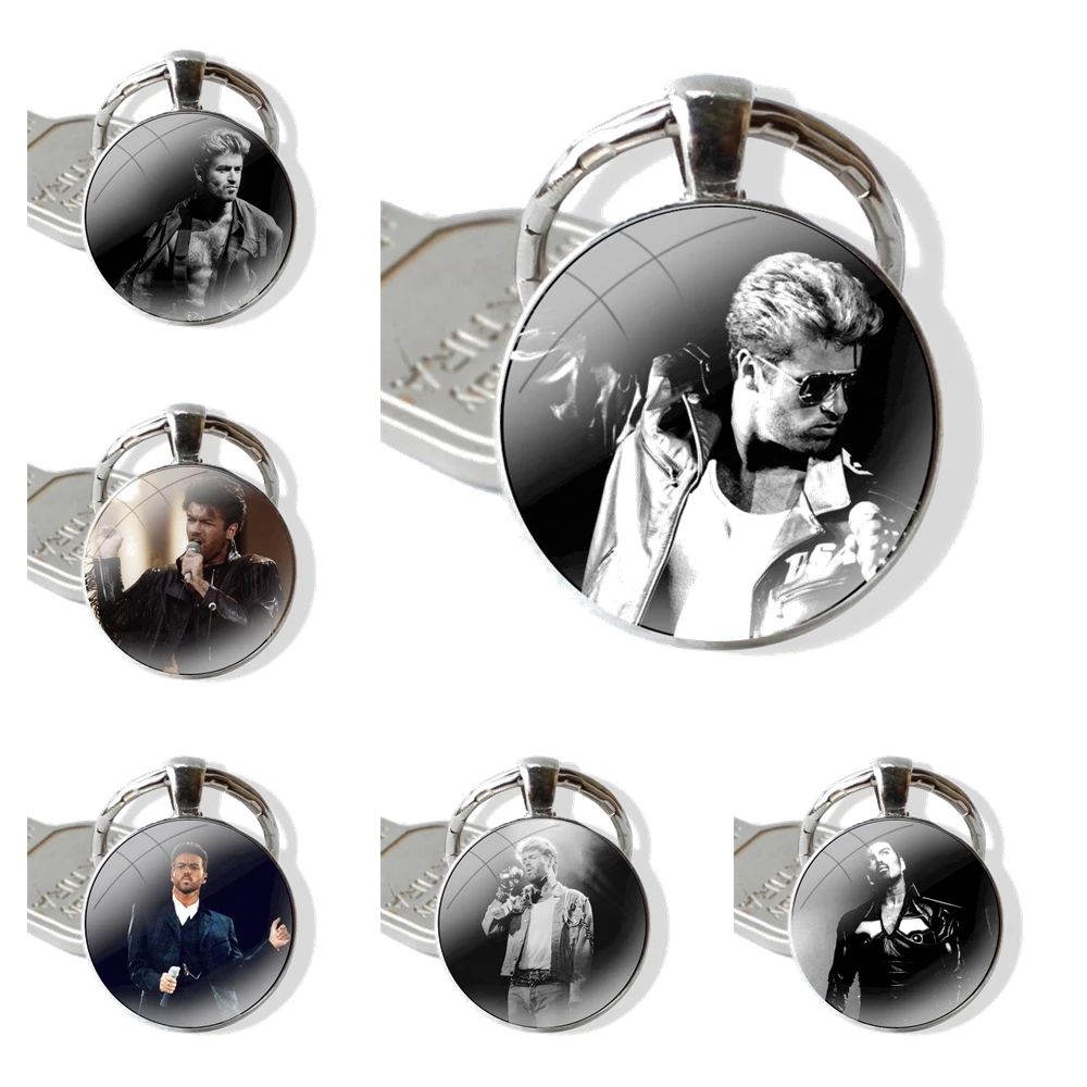 

Glass Cabochon Keychain Pendant Car Key Chains Handmade Fashion Design Cartoon Creative George Michael