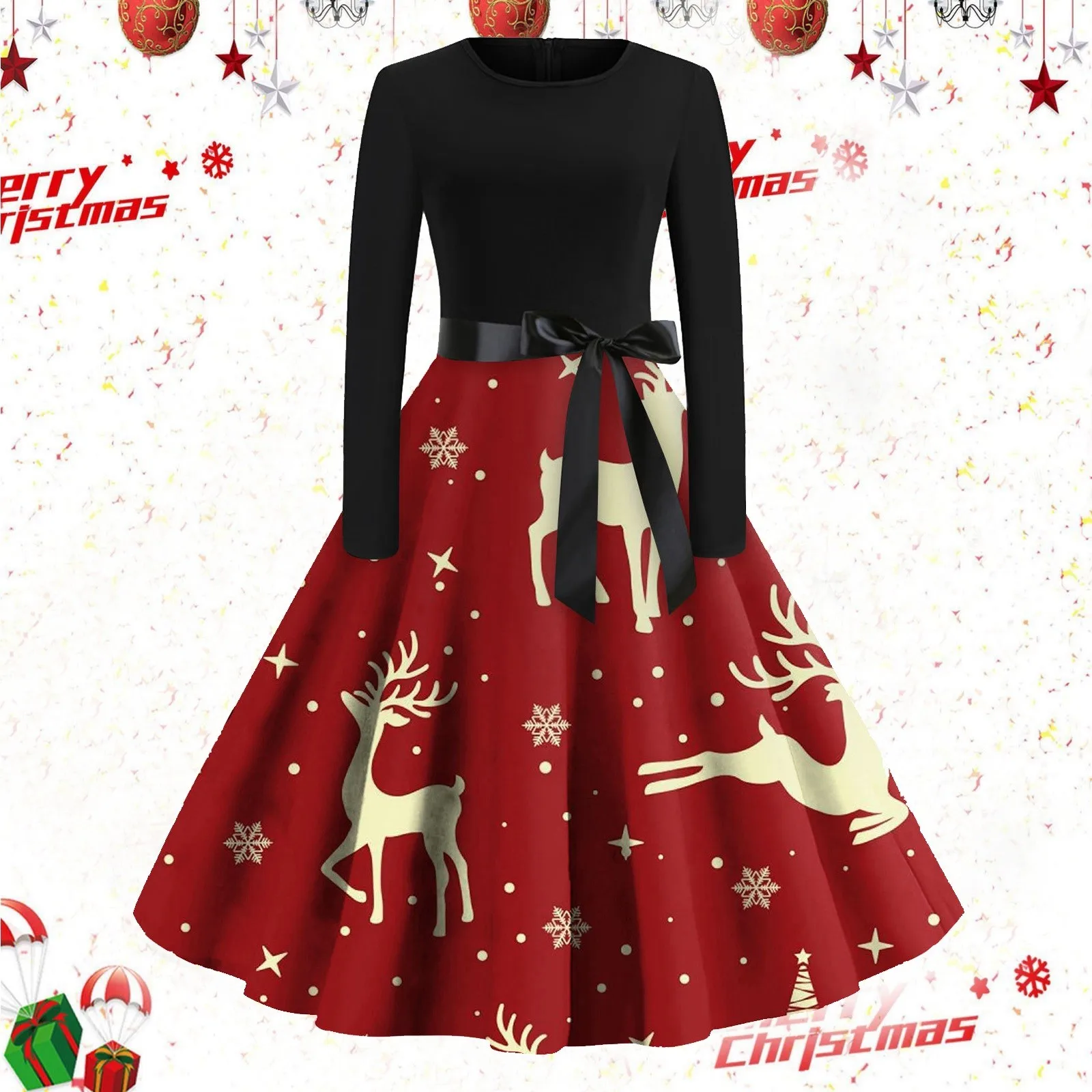 

Женское рождественское платье средней длины на молнии, с круглым вырезом и длинным рукавом и бантом, Повседневное платье, наряды на новый год для женщин