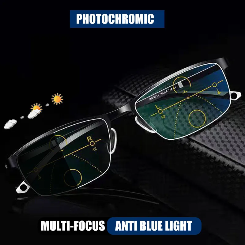 

HUYING Retro Business TR90 Photochromic Reading Glasses Men Progressive Multi-Focus Anti Blue Ray Hyperopia Presbyopia Glasse